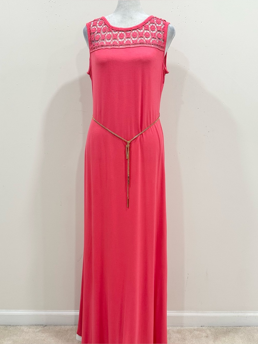 Calvin Klein Sleeveless Maxi Dress Coral Pink Medallion Crochet Lace Neckline 12